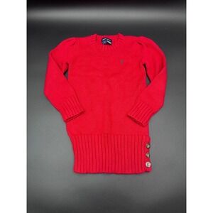 Ralph Lauren Girls Red Knit Sweater Puff Sleeve‎ Side Button Detail